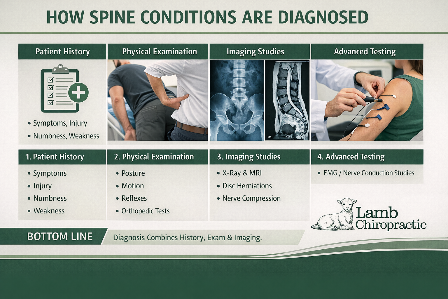 An infographic of the different methods used to help diagnose various spinal conditions like herniated discs.