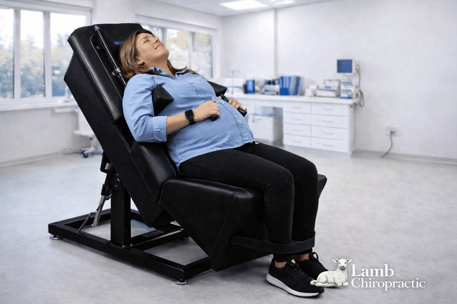 Pregnant woman comfortably using the Back on Trac in the office