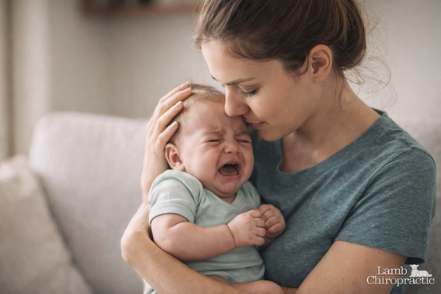 Image of a crying baby comforted by their mother.