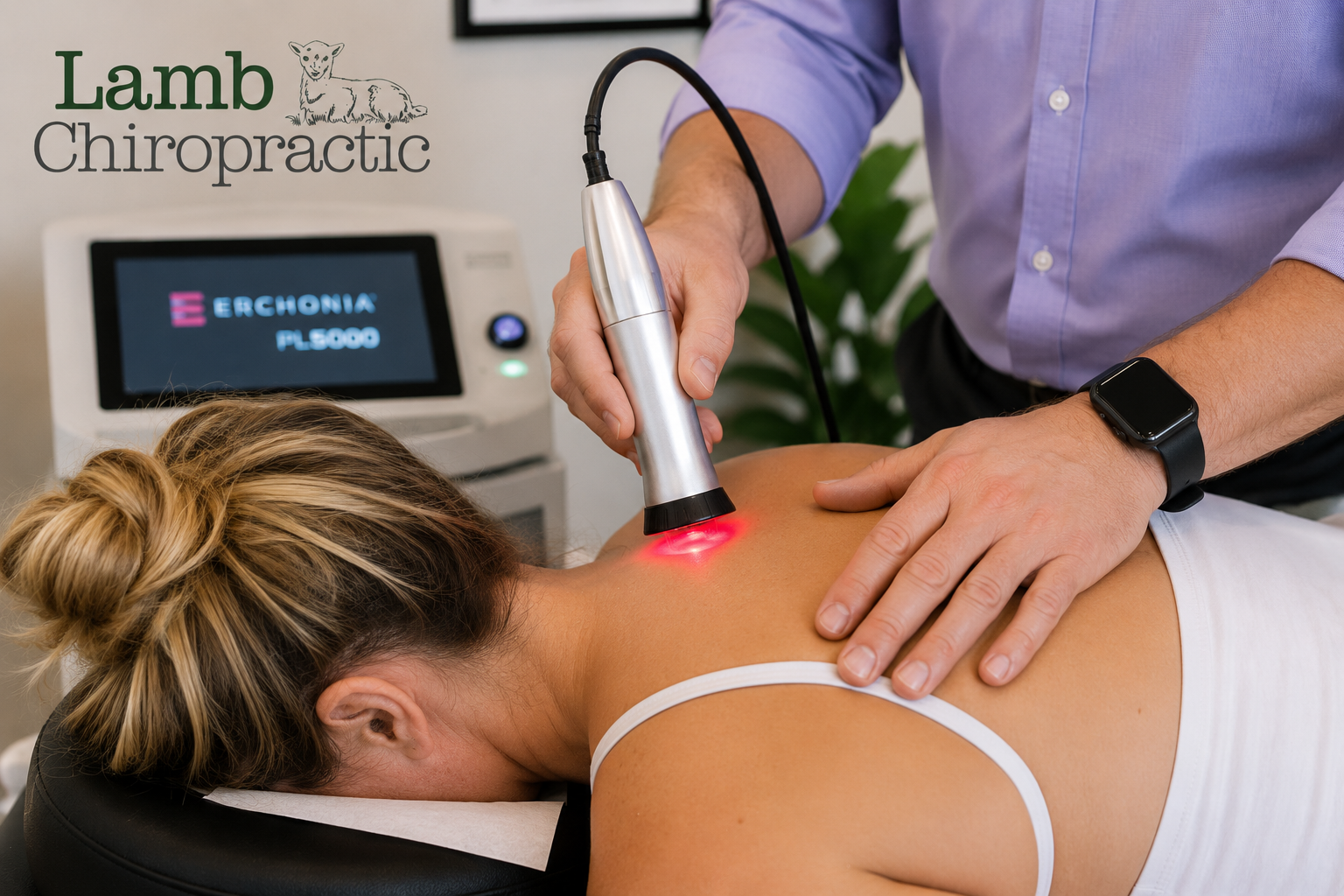 Cold laser therapy being used to relax tense muscles during a stress-relief chiropractic visit