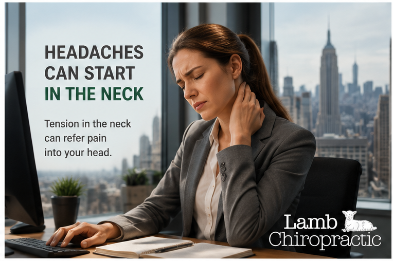 Woman having headache at desk image infographic