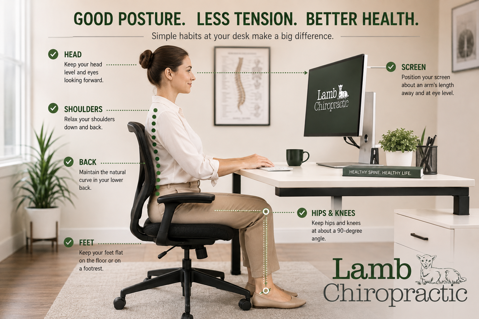 Person practicing good posture at a desk to reduce neck and shoulder tension