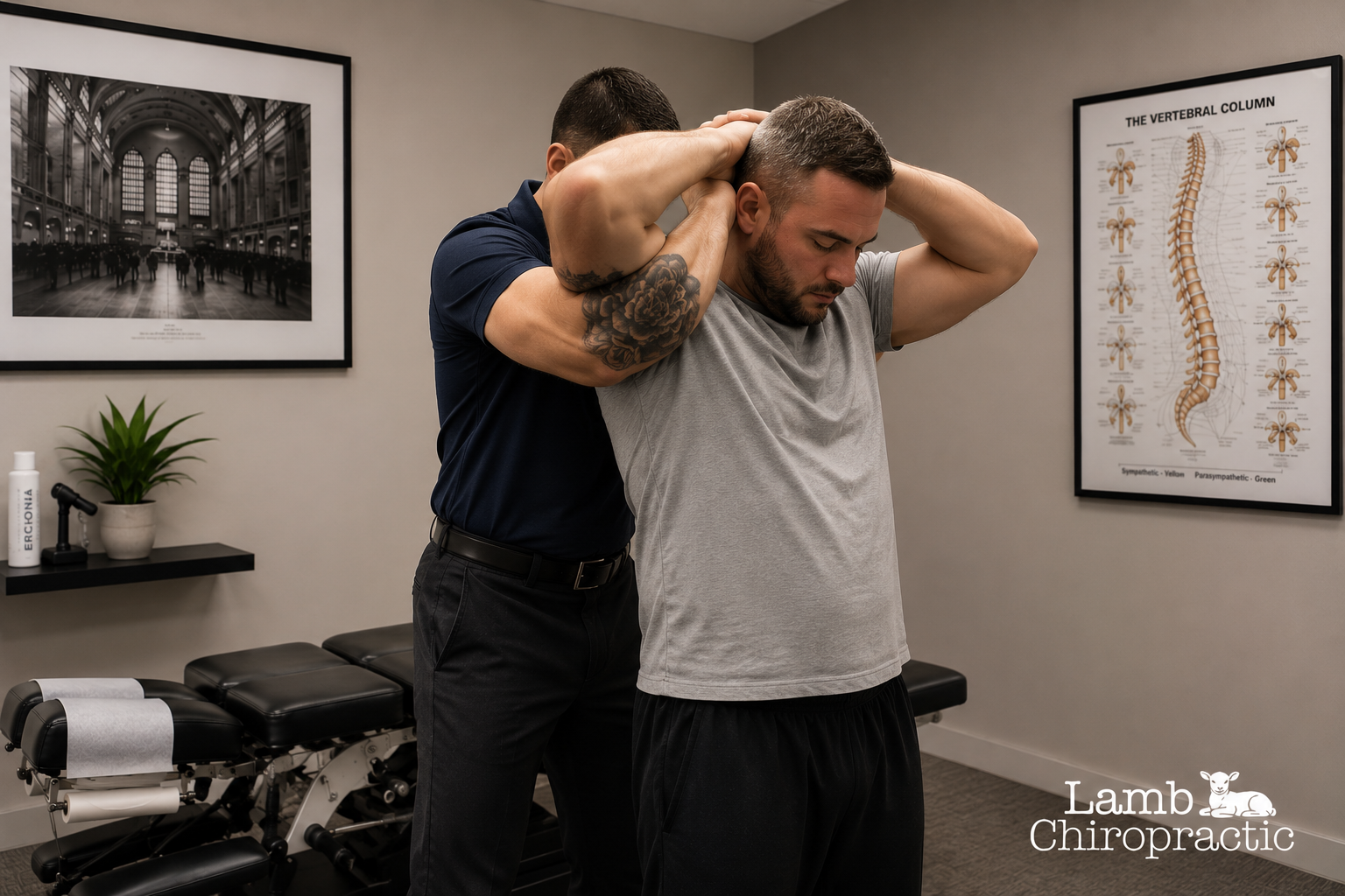 Chiropractor performing a standing Y stretch