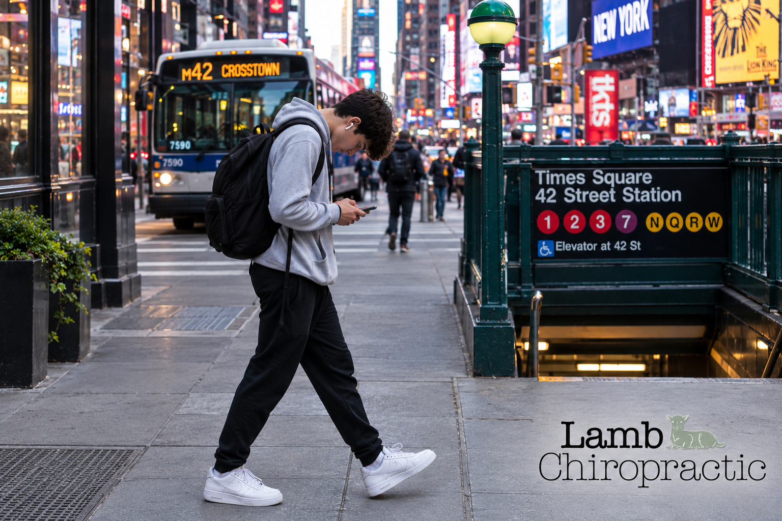 Teenager Walking With Head Down on Phone in Times Square