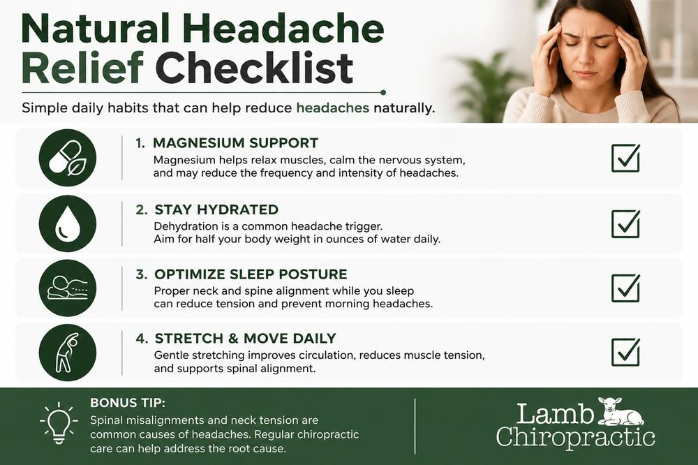 Natural Headache relief Checklist Infographic featuring girl with hands on temples