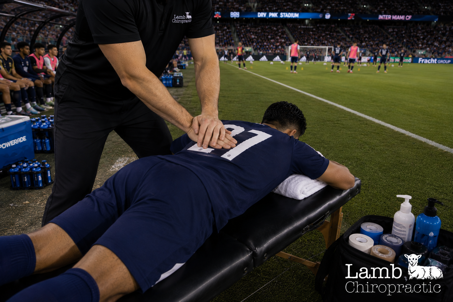 Chiropractor adjusting thoracic spine of soccer player at a game.