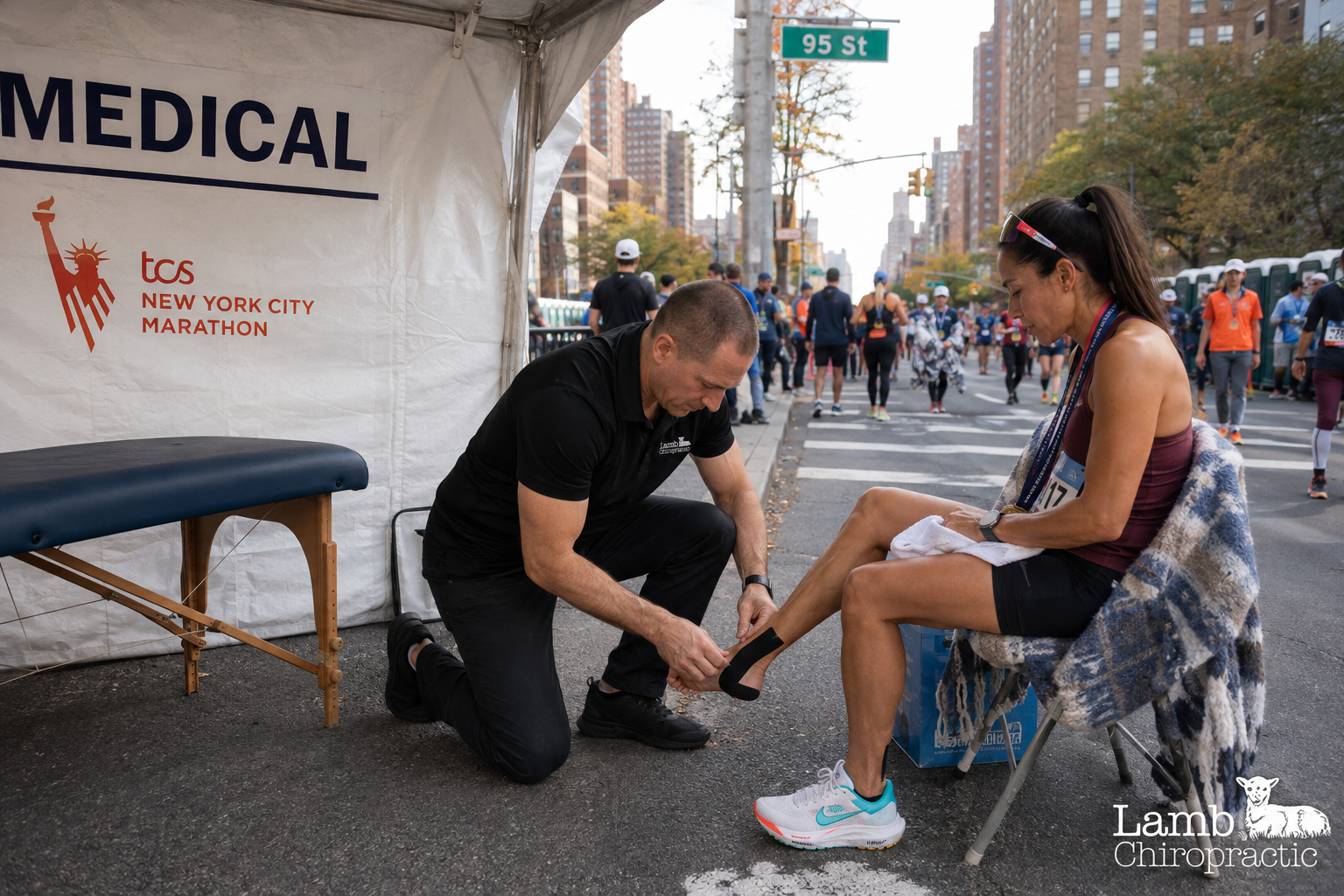 Chiropractor applying kinesiotape to a female athletes leg