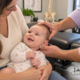 Dr. Lamb adjusting a smiling baby in the office while their mother is holding them.