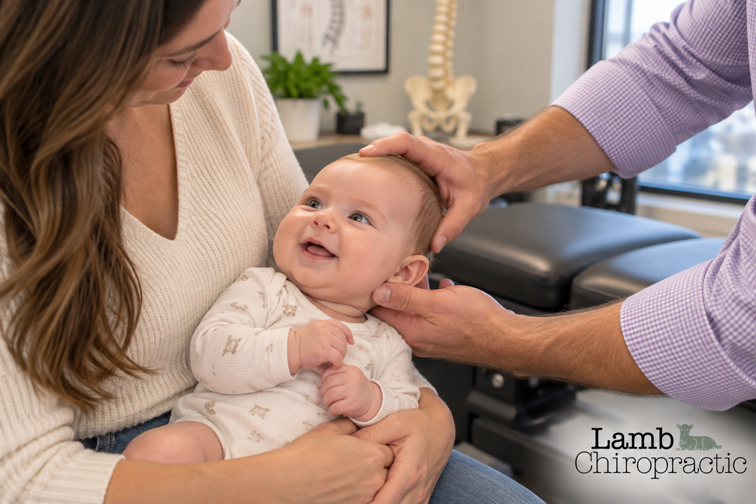 Dr. Lamb adjusting a smiling baby in the office while their mother is holding them.