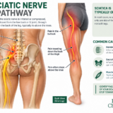 Horizontal infographic showing the sciatica pain pathway from the SI joint through the buttocks and down the back of one leg