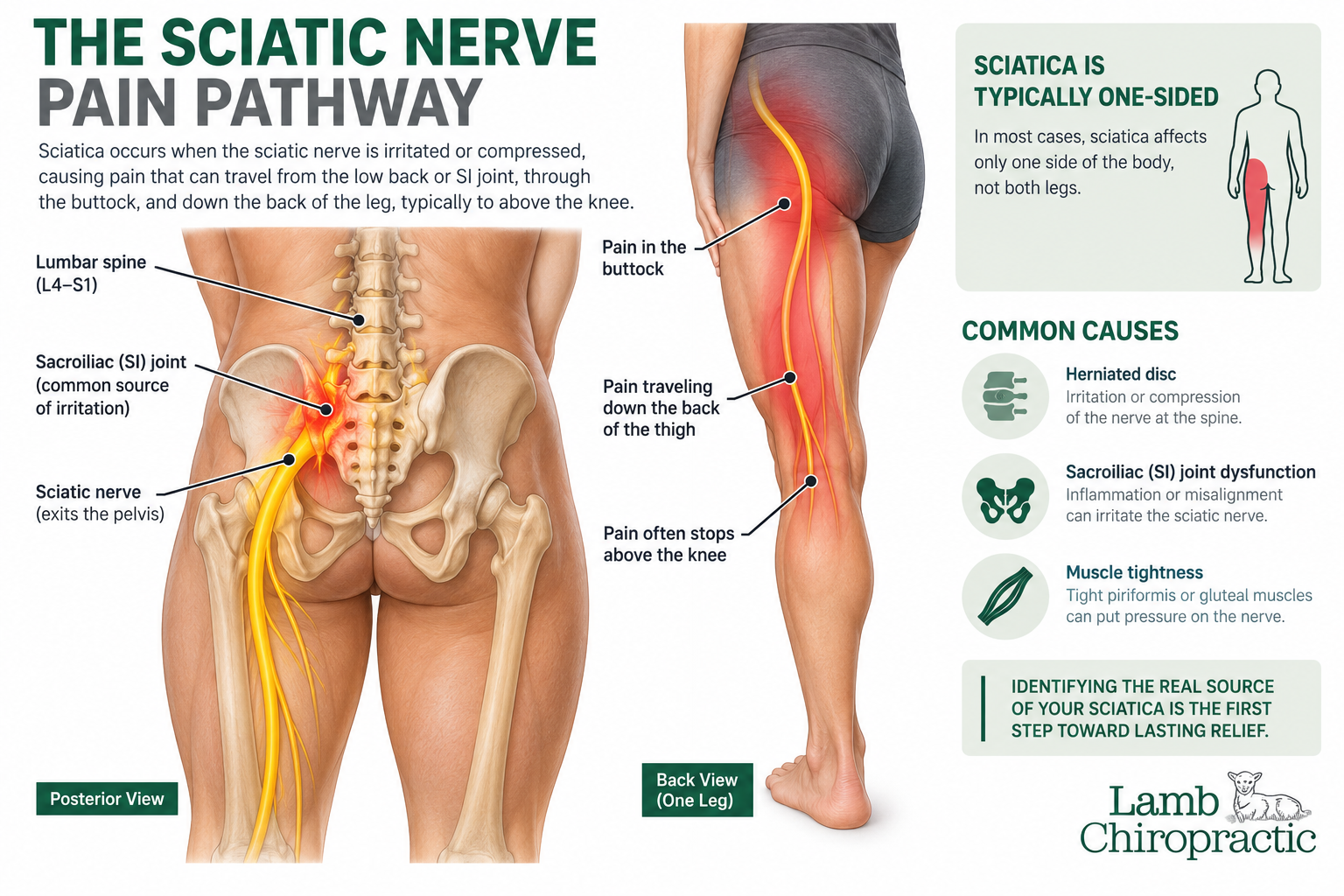 Horizontal infographic showing the sciatica pain pathway from the SI joint through the buttocks and down the back of one leg