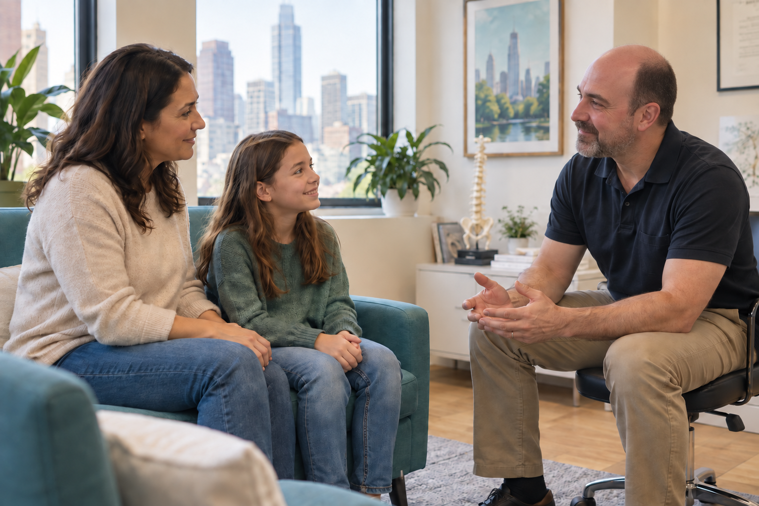 AI-created illustration of Dr. Lamb discussing a child’s visit with a mother and daughter.